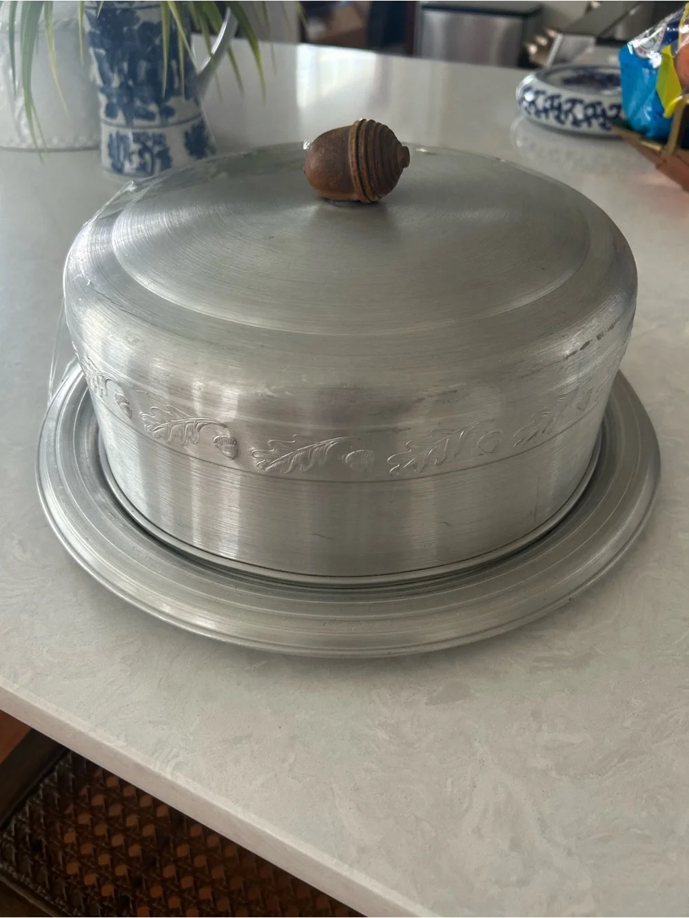 Vintage aluminum Cake Dome with Wooden acorn Knob